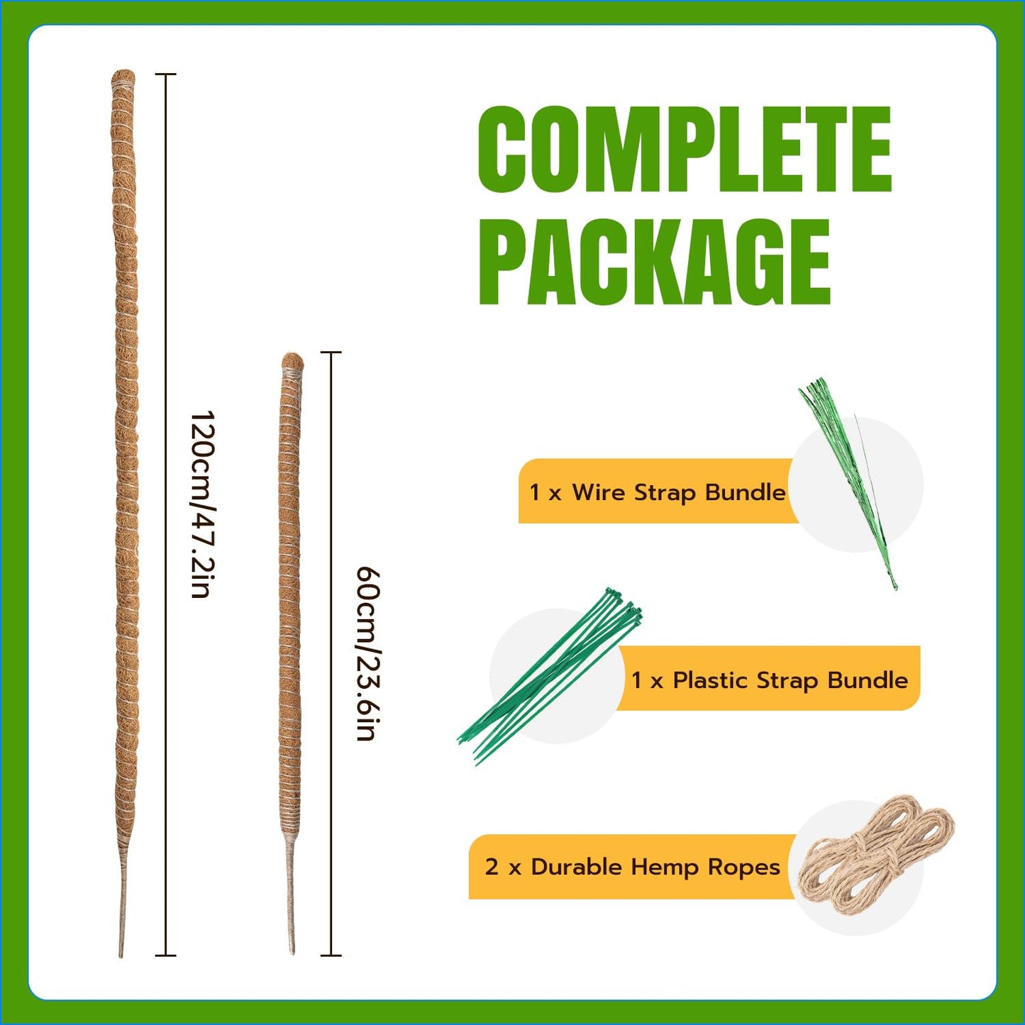 Mcbazel 2 Pack Bendable Moss Pole Kit (47" & 23") for Plants Monstera - Mixed Size Coco Coir Plant Support Stakes for Tall & Medium Indoor Vines - Flexible Totem Stick with Full Garden Ties