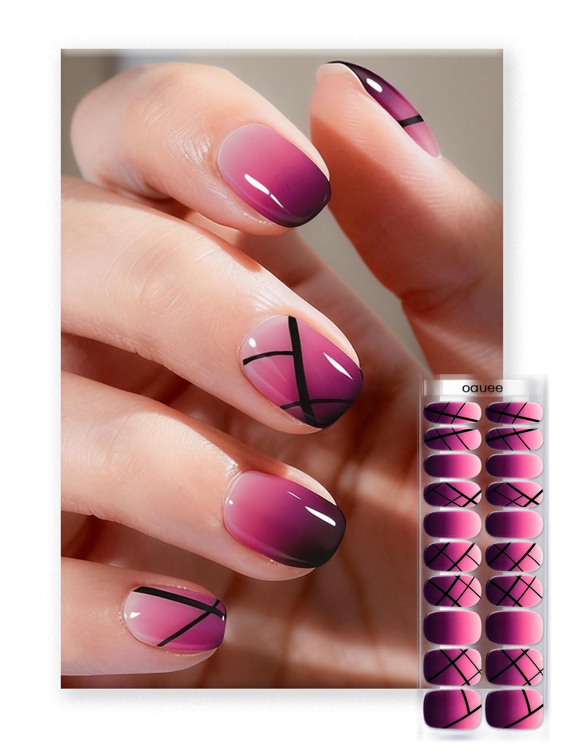 Oauee Semi Cured Gel Nail Strips | Built-In Gel Top Coat | UV Light Required | Salon Quality, Easy Application And Removal (Ethereal Purple Grid）