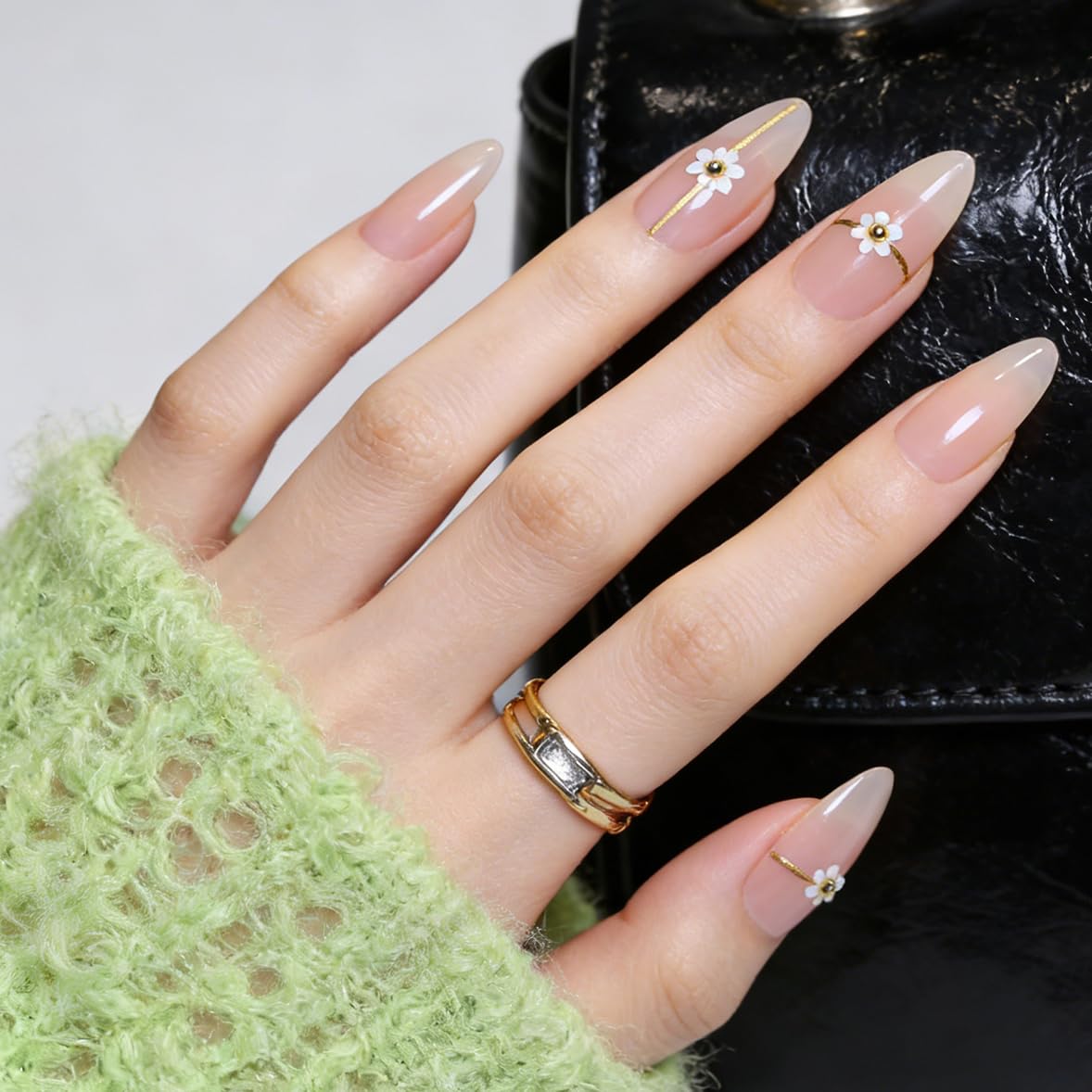 Goolich Milky Nude Press On Nails Medium Almond, Sheer Nude with Bead Floral Neutral Nails Press ons Set with Adhesive Tabs, 24 Pcs 12 Size Reusable Full Cover Glue on Nails for Women