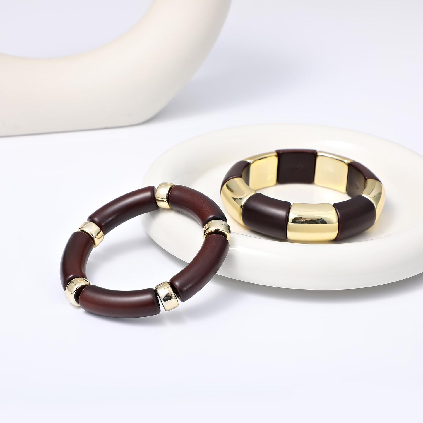 GOOJIDS Simple Beaded Gold Plated Bangles Bracelet Chunky Bamboo Tube Curved Stacking Clear Acrylic Colorful Beads Stretchable Gold Plated Bracelets Set For Women (T-Dark Brown 2 set)
