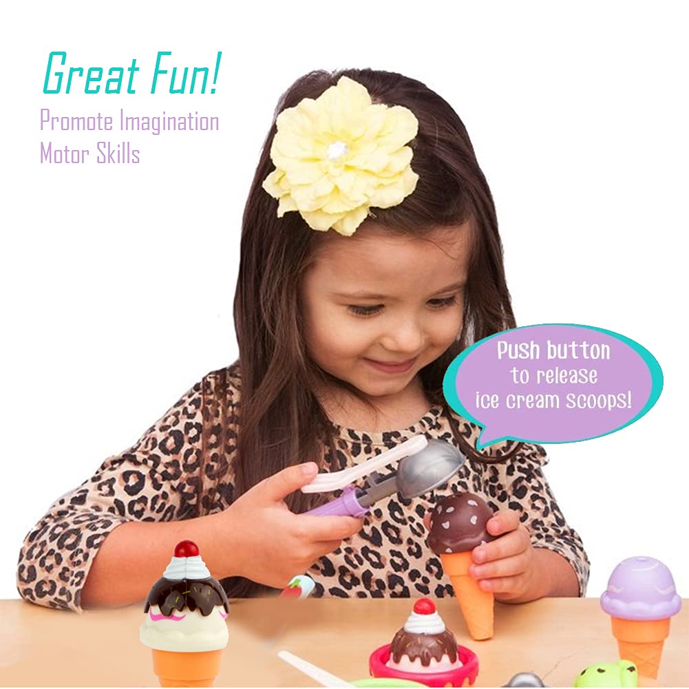 Kids Ice Cream Toy Set - Pretend Play Sweet Treats Ice Cream Parlour Dessert Accessories Playset with Cone and Scoop for Toddler Imaginary Play