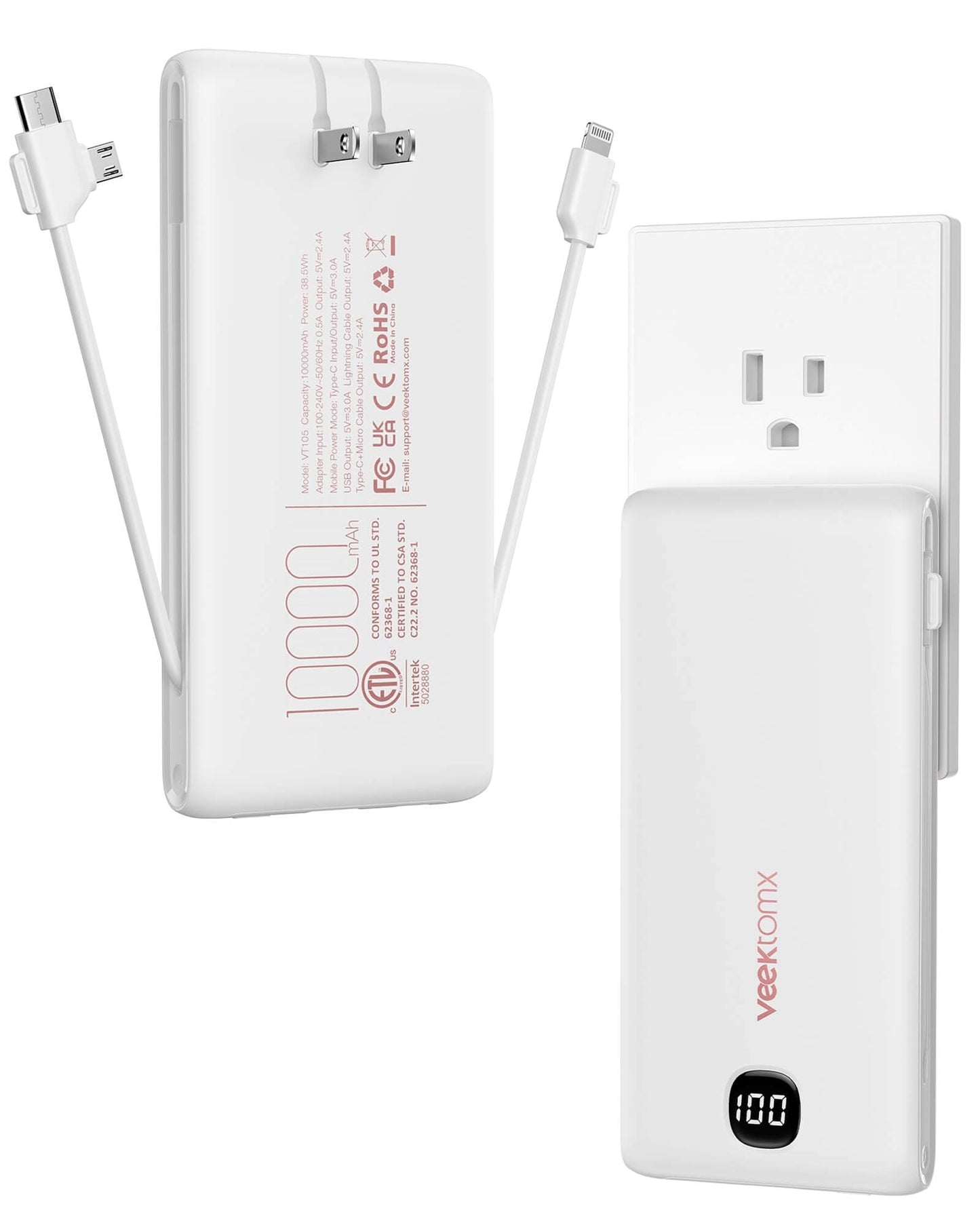 VEEKTOMX Portable Charger with Built in Cables 10000mAh, Power Bank for iPhone with Wall Plug, Travel Essential Fast Charging Slim USB C External Battery Pack for iPhone 17/16/15, Samsung, iPad, etc