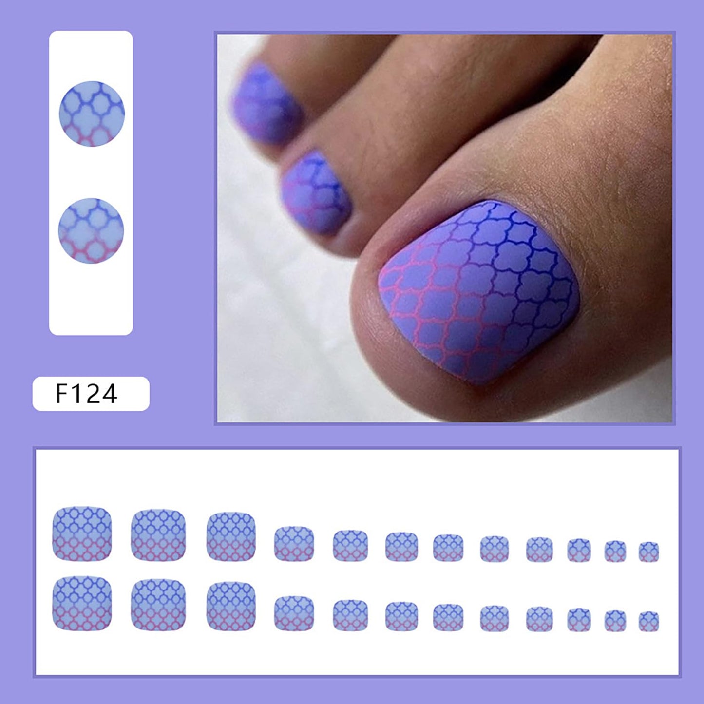 Vezocim Press on Toenails with Grids Designs, Artificial Gradient Purple Fake Nails for Toe, Glossy Full Cover Square Acrylic False Nails, Glue on Toenails with Charm, Stick on Toe Nails for Women