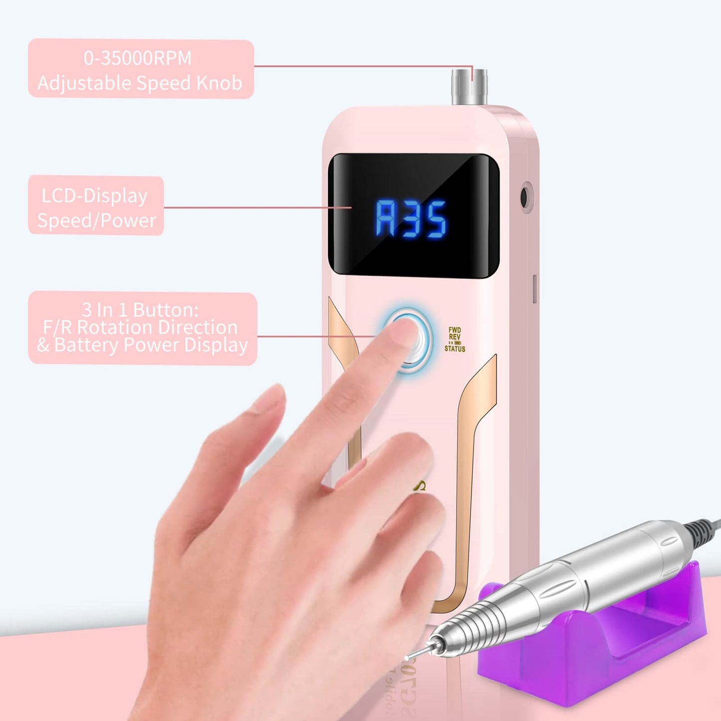 MOCOWIND Portable Nail Drill Professional 35000 RPM, Rechargeable Electric Nail File Machine Cordless E-File for Acrylic Gel Polishing Removing with Bits Kit for Manicure Salon Home, Pink