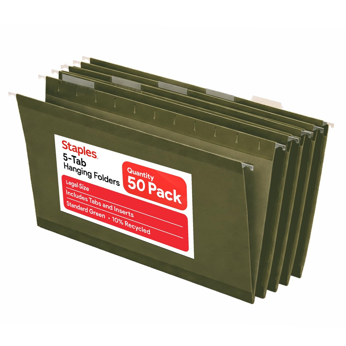 Staples Hanging File Folders, Legal Size, 1/5‑Cut Tabs, Standard Green, Includes Tabs & Paper Inserts – 50/Pack