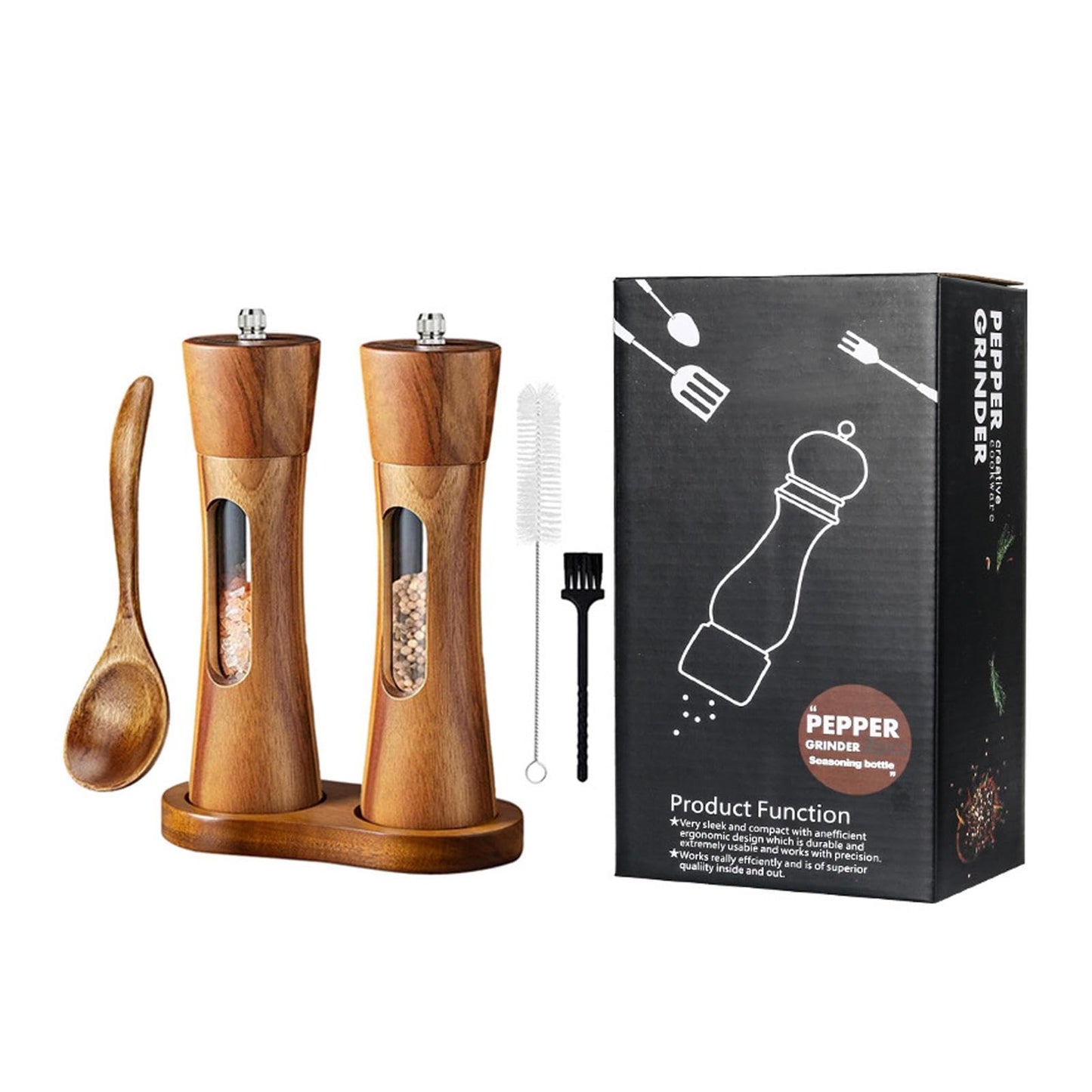 Wooden Salt and Pepper Grinder Set, Manual Spice Mills with Wooden Spoon, Cleaning Brush,Stable Base Plate,8 Inch Refillable Salt and Pepper Mills Adjustable Coarseness