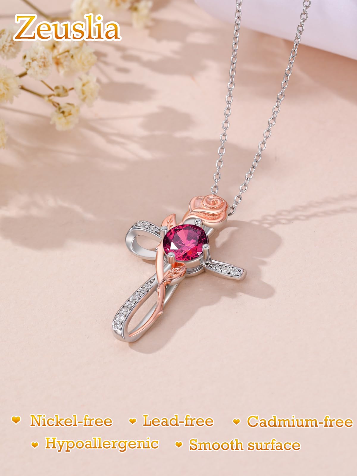 Zeuslia Cross Necklace for Women Sterling Silver Cross Pendant Jewelry with Rose Ruby July Birthstone Necklace Christian Religious Baptism First Communion Confirmation Birthday Gifts for Women