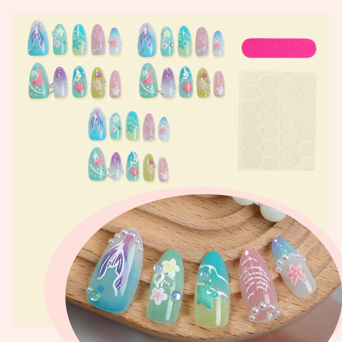 30Pcs Summer Press on Nails Almond Short Fake Nails with Cute Dolphin Mermaid Designs 3D Flower Starfish False Nails Colorful Summer Sea Theme Stick on Nails Acrylic Nails for Women Beach Vacation