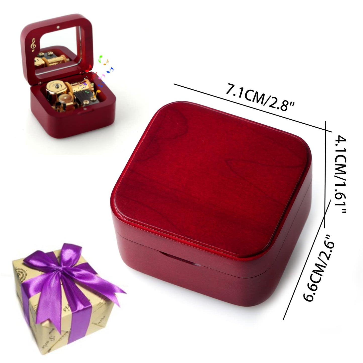 JYmusic Natural Solid Wood Clockwork Square Note Octave Box with Pause and Play Function, Gift for Birthday/Mother's Day/Children's Day/Valentine's Day/Christmas, Wine-red.