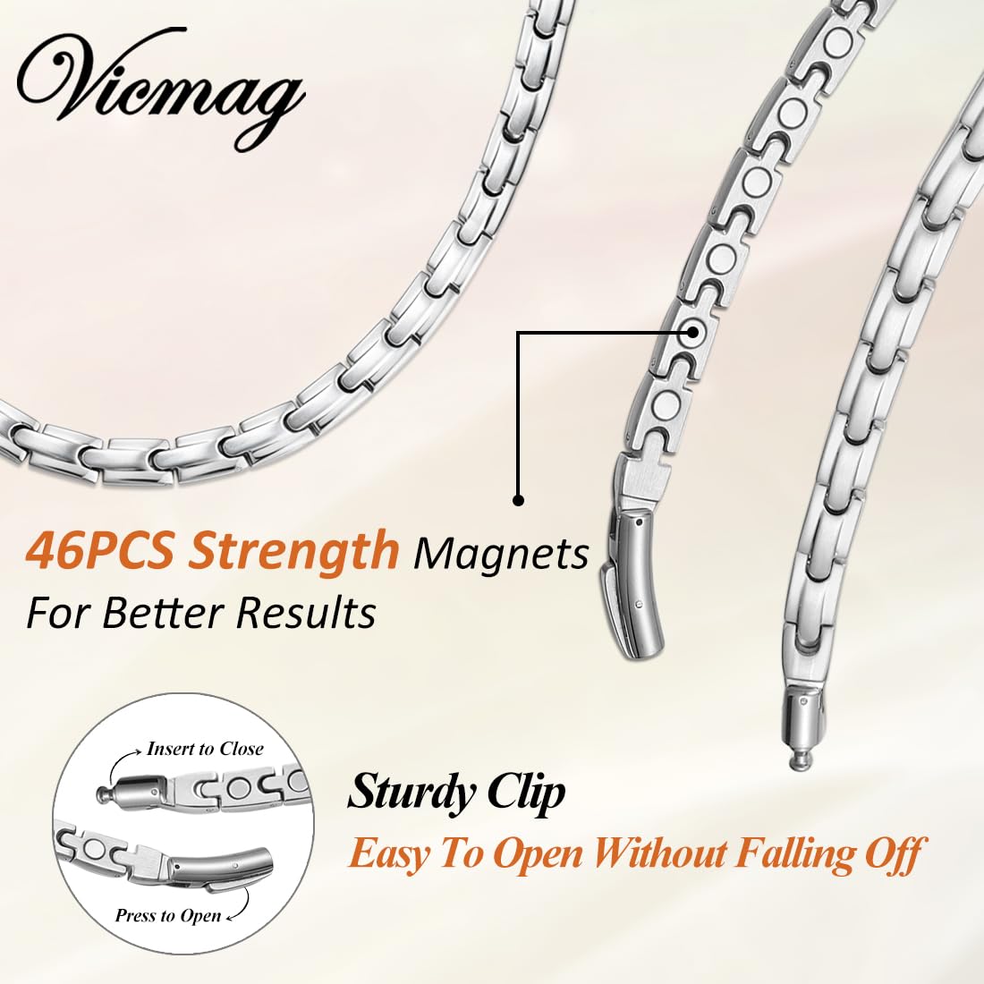 Vicmag Magnetic Titanium Necklace for Men & Women, Titanium Necklace Set with 4X Ultra Strength Magnets Ring, Adjustable Chain & Sizing Tool(Silver)