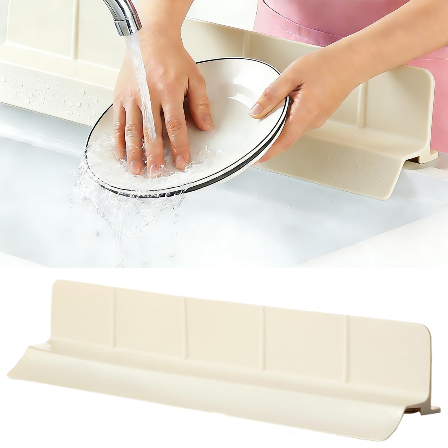 URJWAN Food Grade Silicone Sink Splash Guard (23 Inch), 7 Strong Suction Cups Non-Slip Water Protector, Dishwasher Safe & Cuttable for Kitchen/Bathroom Countertops (Cream)