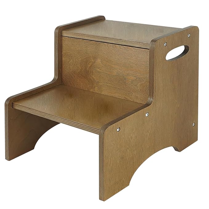 WOOD CITY Toddler Step Stool for Kids, Wooden Brown Two Step Children's Stool with Handles, Bonus Non-Slip Pads for Safety, Bathroom Potty Stool & Kitchen Step Stools Dual Height