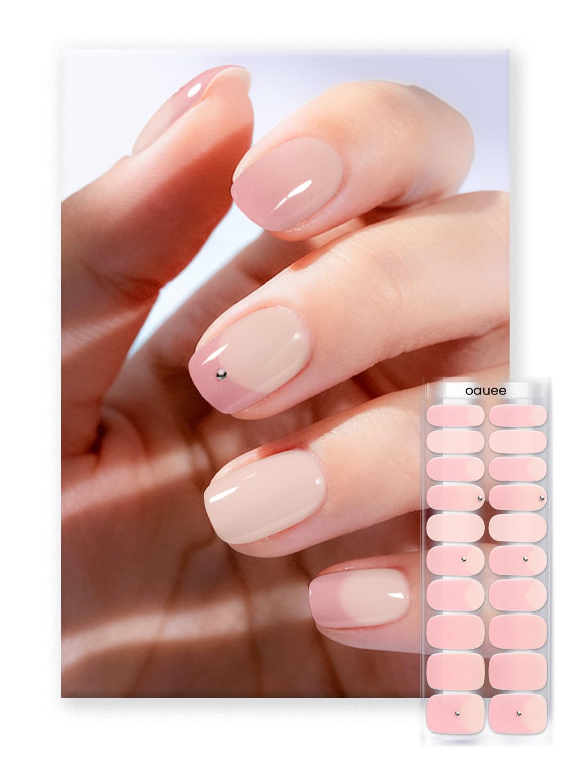 Oauee Semi Cured Gel Nail Strips | Built-In Gel Top Coat | UV Light Required | Salon Quality, Easy Application And Removal (Blush Glitter Crescent）