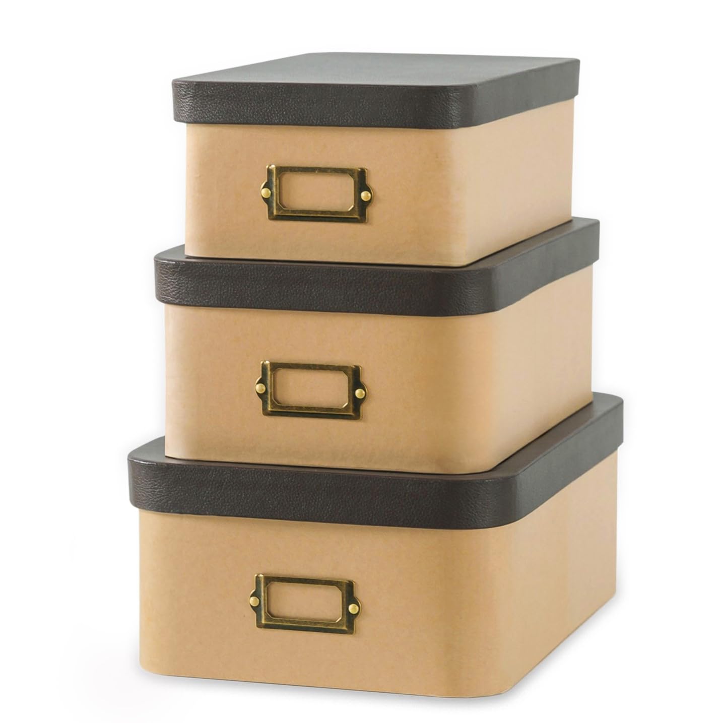Soul & Lane Kraft Decorative Boxes with Buffalo Leather Lids - Set of 3, Cardboard Memory Boxes for Keepsakes with Bronze Label Holders, Perfect for Home and Office Decor and Organizing