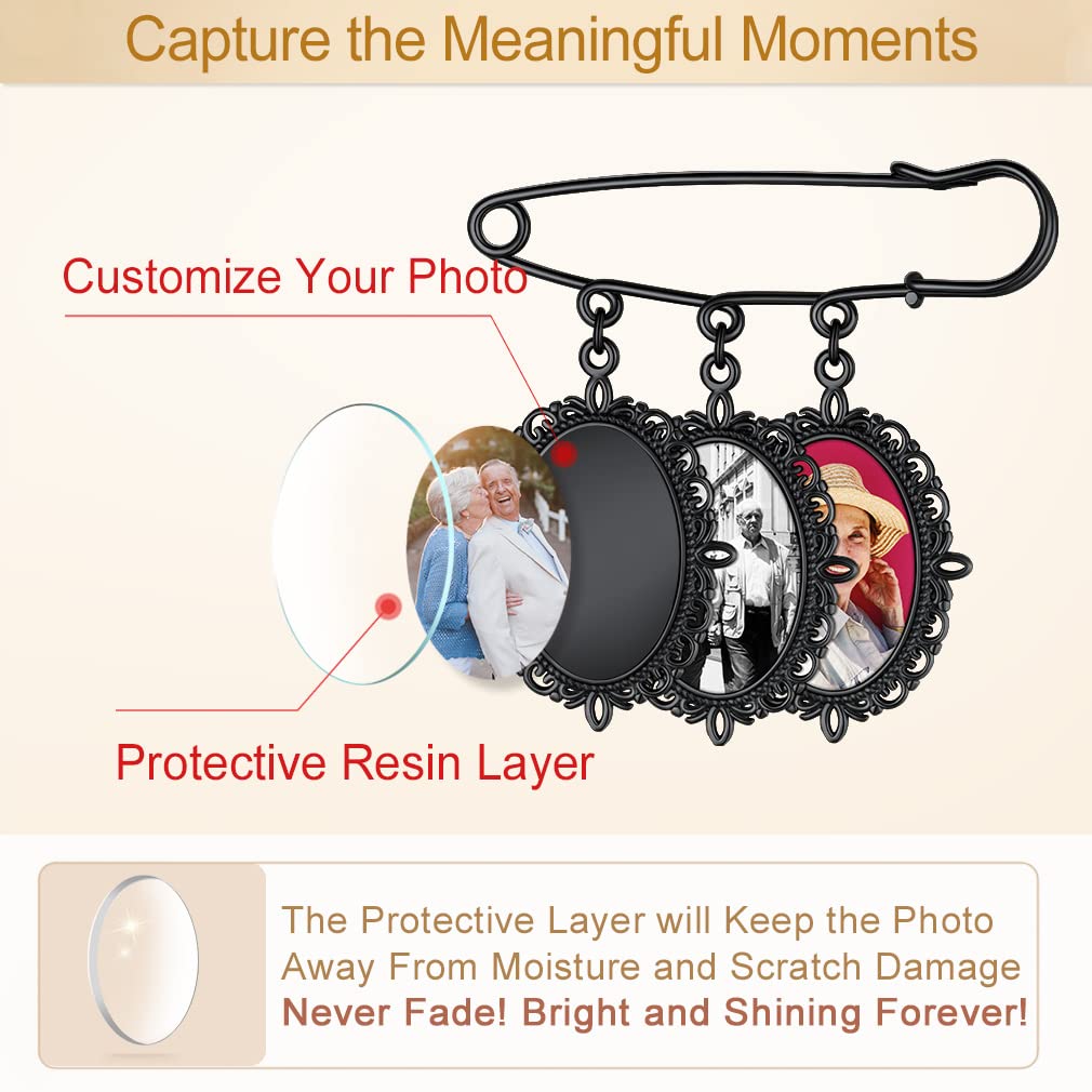 Custom4U Photo Charm for Bouquet Oval Shaped Brooch Pins with 3 Pictures Customized Memorial Wedding Jewelry