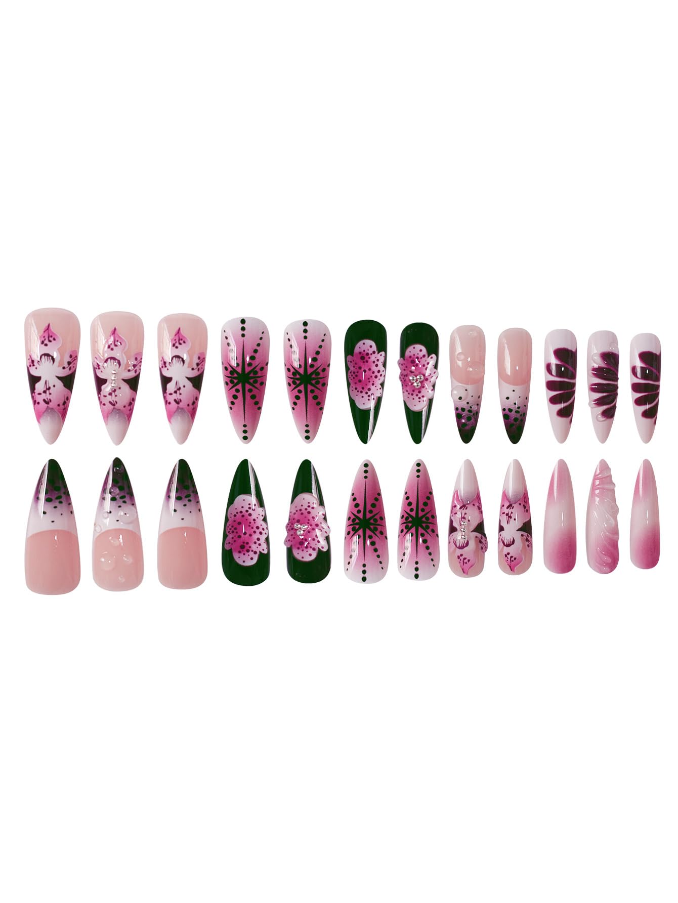 Long Press on Nails Almond Fake Nails Purple French Artificial Nail with 3D Flowers Designs Glitter Summer and Fall Cute Stick on Nail for Women 24pcs