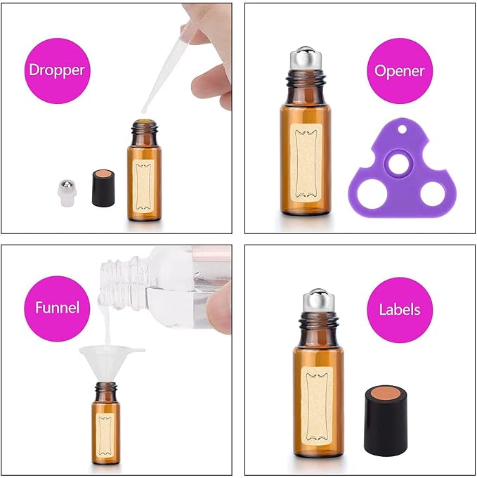200 Pack Essential Oil Roller Bottles, Amber Glass Roller Bottles 5ml, Roller Balls for Essential Oils, Roll on Bottles (768 Pieces Labels, 32 Funnels, 32 Dropper, 16 Opener)