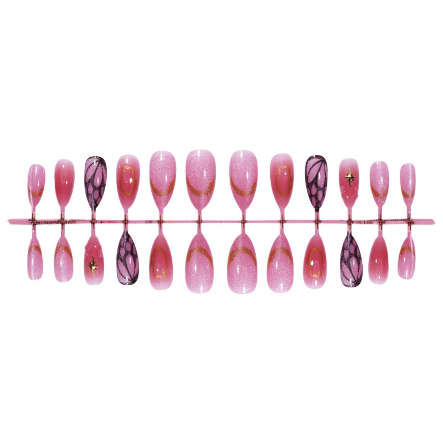 Almond Press on Nails Long Fake Nails Pink Acrylic Nail Press ons SEENEEY Gold Charm and Butterfly Designs Cute Stick on Nail for Women 24pcs