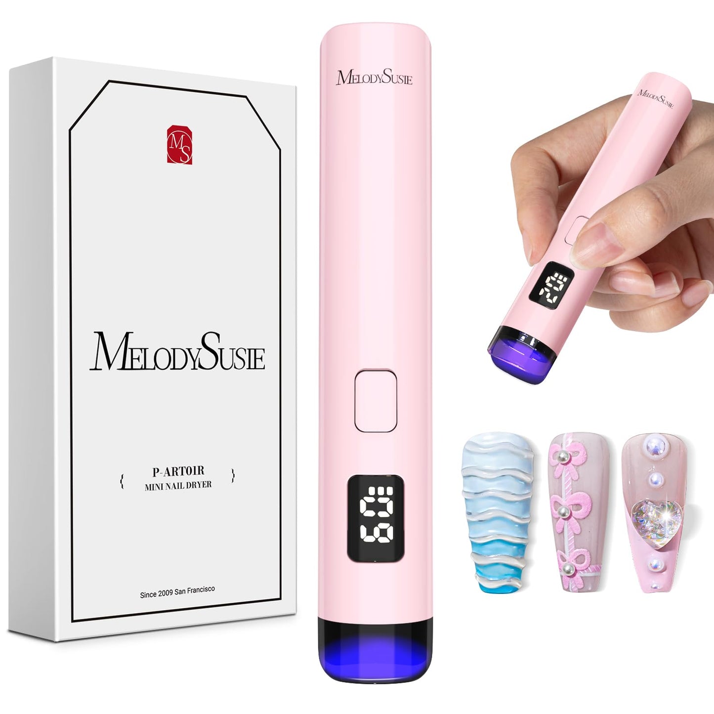 MelodySusie Handheld Cordless UV Nail Lamp with LCD Display & Eye-Protection Cover, P-Art01R Rechargeable Mini UV LED Light Flash Cures All Soft Gels, Especially Rhinestone Glue & Liner Gel Pink