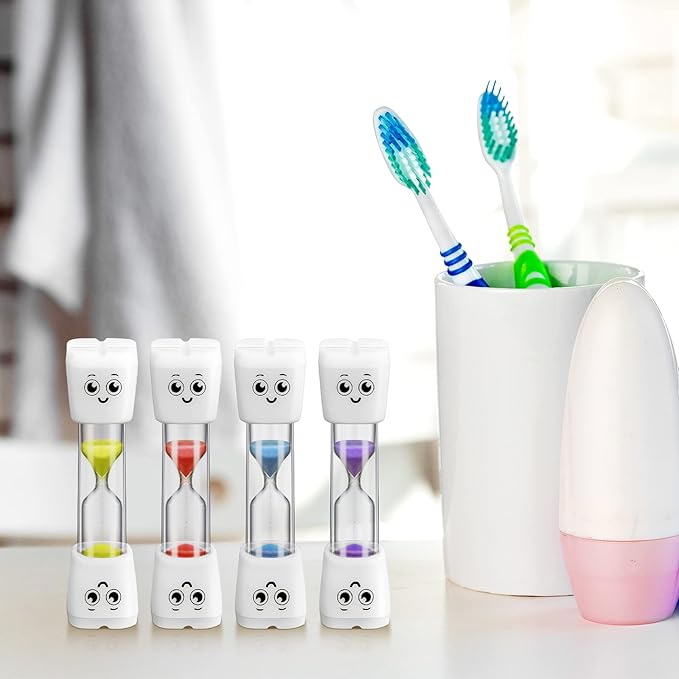 Weewooday 4 Pieces Toothbrush Timer for Kids 2 Minute Sand Timer Smile Pattern Tooth Brushing for Proper Tooth Brushing Boys Girls Oral Hygiene Party Favors(Blue, Red, Purple, Yellow)