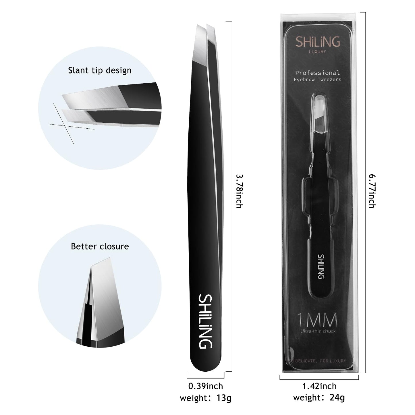 Shiling Professional Eyebrow Tweezers for Women and Men, Black Stainless Steel Slant Tip, 1mm Ultra-Thin Precision Tip, Anti-Rust, Facial Hair Removal Tool