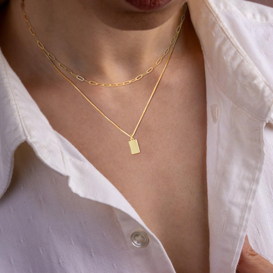 MFRYK Gold Necklaces Stack For Women,14K Gold Plated Simple Layered Choker Necklaces,Stackable Multilayer Gold Small Square Pendant Box Paperclip Chain Layered Necklaces Set Jewelry Gift for Women