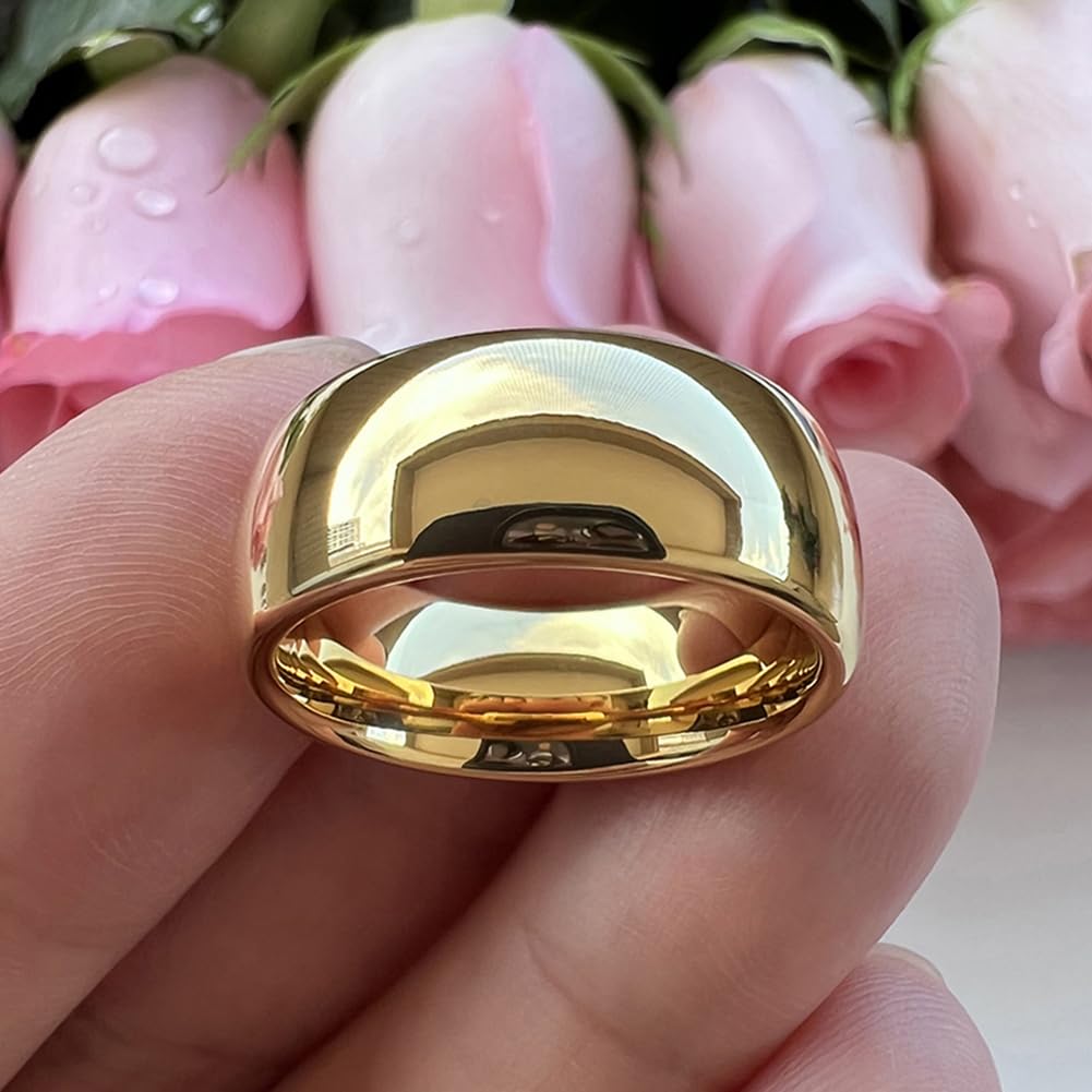 TUTISS 8mm Gold Tungsten Rings for Men Women Engagement Wedding Bands Domed Polished Comfort Fit Size 14