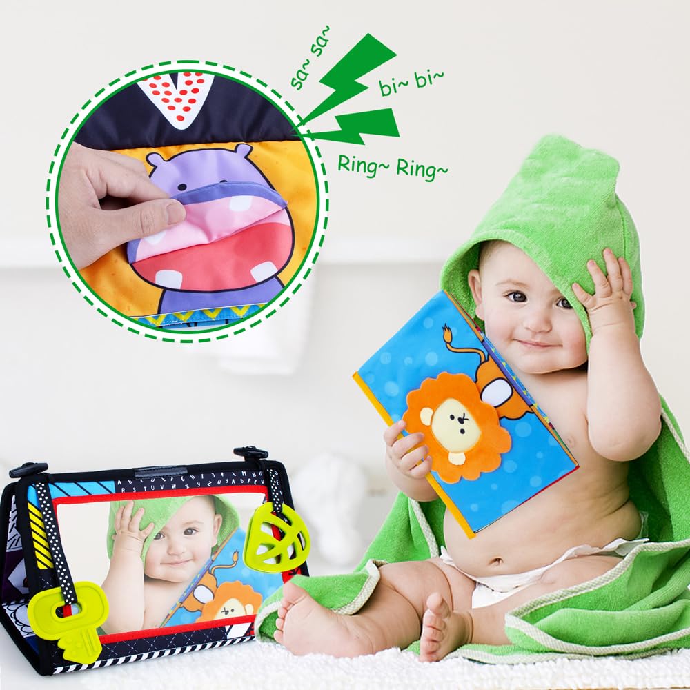 Tummy Time Sensory Toy Infant Toys Newborn High Contrast Development Toy with Crinkle Cloth Book & Teethers Strengthens Neck & Core, 2 3 4 5 0-6 Month Montessori Crawling & Visual Stimulation Toys