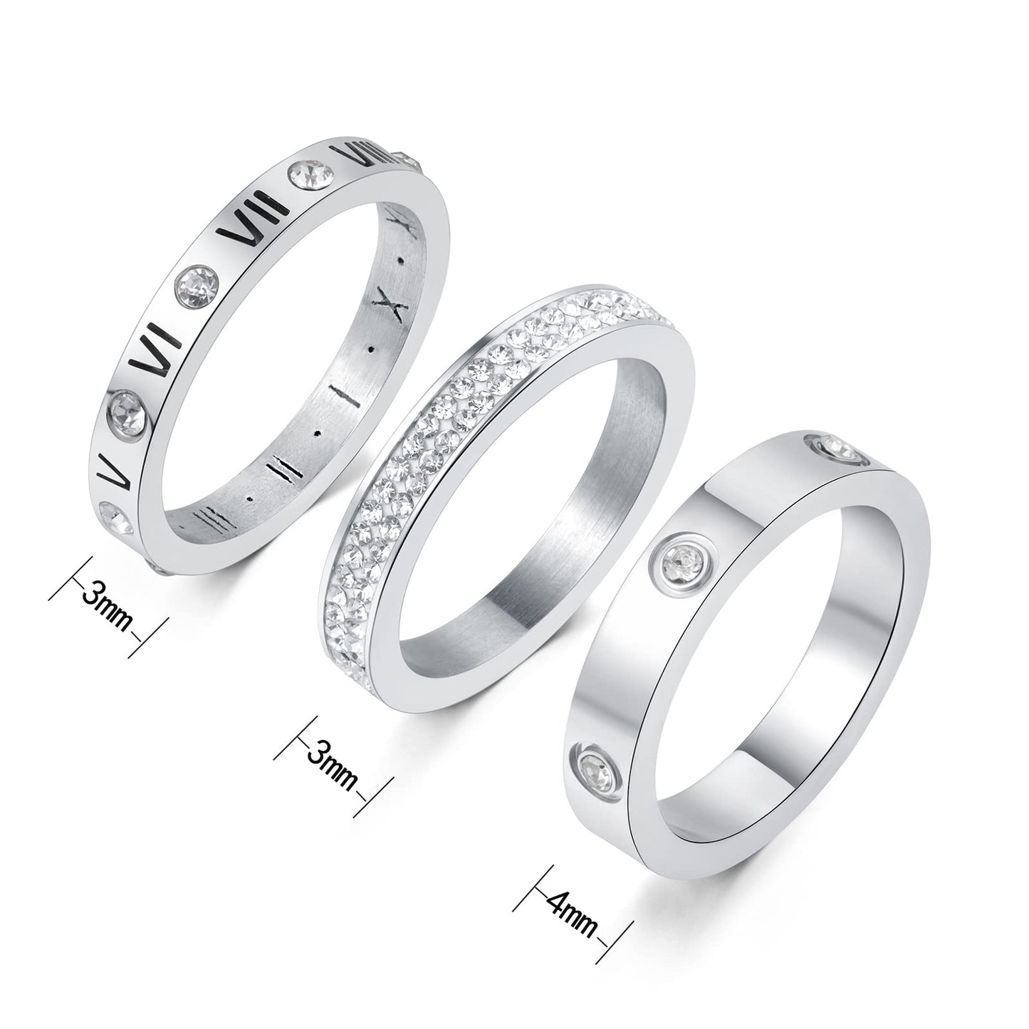YIKOXI 3pcs Love Friendship Lucky Ring Cubic Zirconia Gold Ring Sets for Women Stainless Steel Wedding Statement Thumb Ring Bands (Silver, 9)