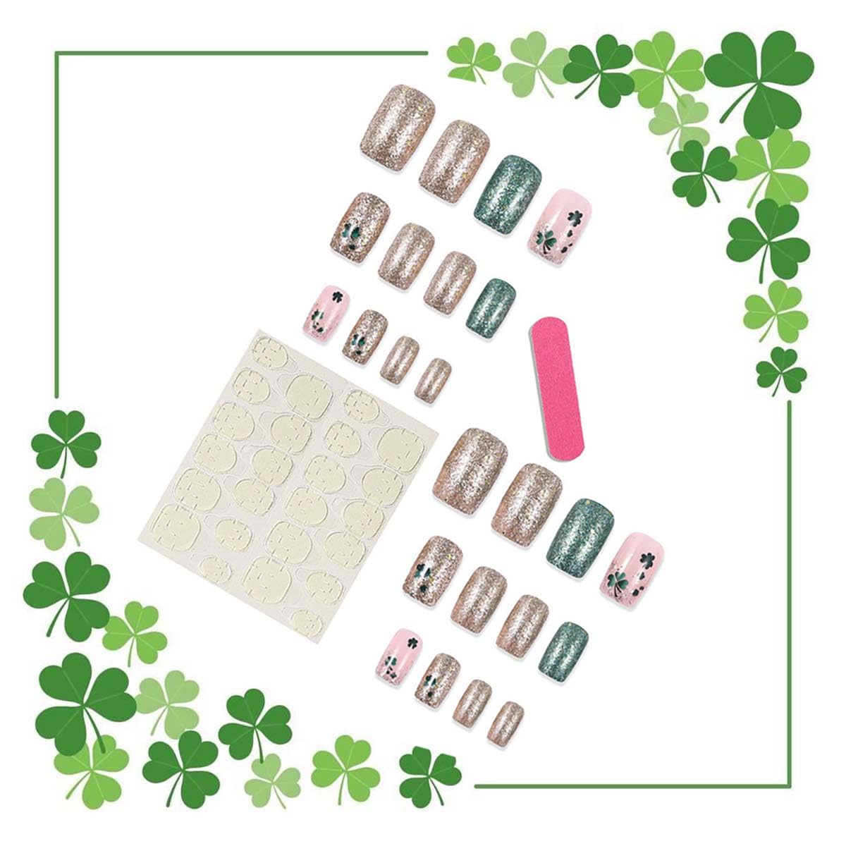 24Pcs St. Patrick's Day Press on Nails Medium Square Fake Nails with Shamrock Designs Full Cover False Nails Green Gold Glitter Reusable Glue on Nails for Women Saint Patrick Manicure Decor