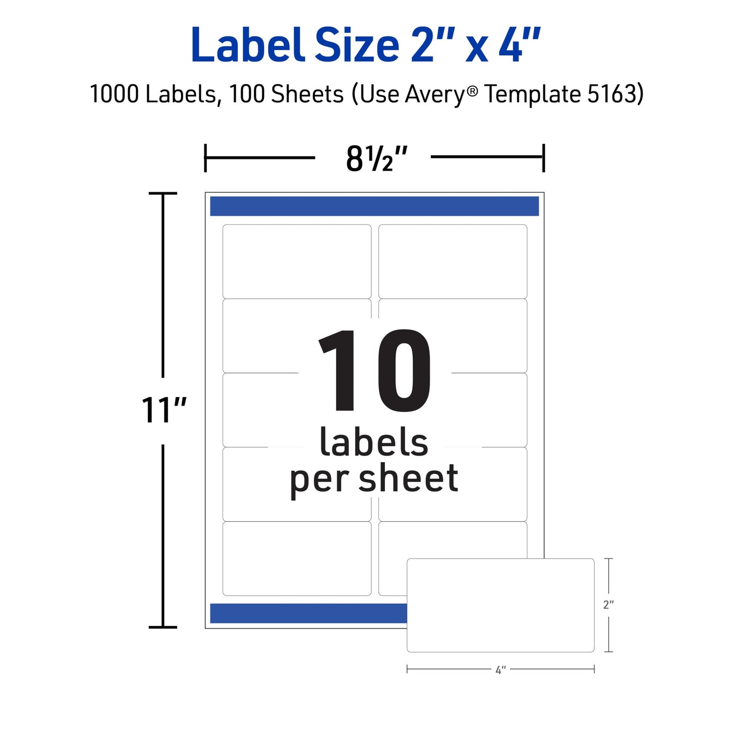 Avery Printable Shipping Labels with Sure Feed, 2" x 4" Customizable Stickers, White, 1,000 Blank Mailing Labels, Great for Mailing, Shipping, and More (5163)