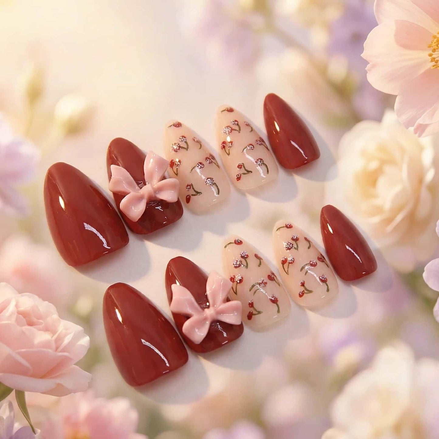 Short Almond Press on Nails Wine Red Full Cover False Nails with Bowknot Design Glossy with Cherry Design Acrylic Glue on Nails Removable Stick on Nails for Women Girls 30 Pcs