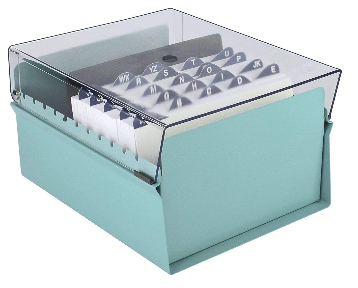 Acrimet 5 X 8 Card File Holder Organizer Box Metal Base Heavy Duty (AZ Index Cards and Divider Included) (Green Color with Clear Crystal Plastic Lid Cover)