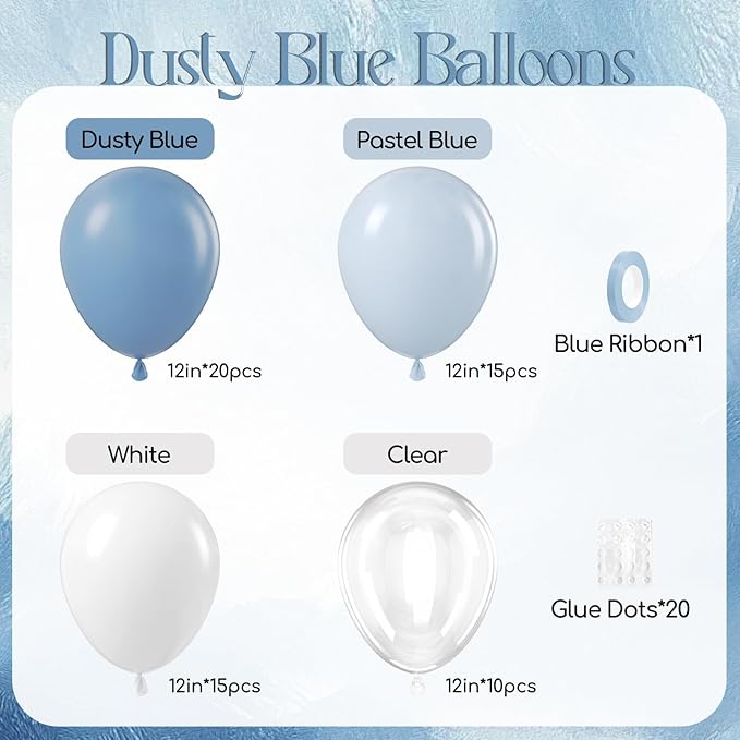 60pcs Dusty Blue Balloons 12inch, Blue and White Balloons with Clear Balloon for Gender Reveal Bridal Baby Shower Birthday Party Decorations