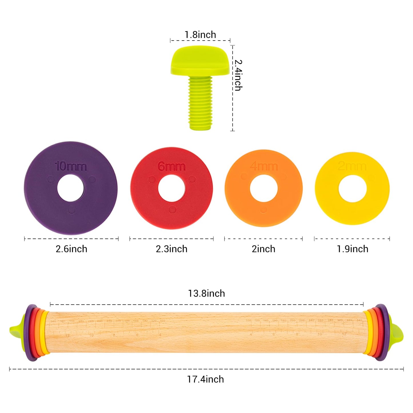 Adjustable Rolling Pin with Thickness Rings, Wooden Dough Roller & 12 Stainless Steel Cookie Cutters Set – 5-in-1 Baking Kit for Pizza, Fondant, Pie, Cookies, Pastry, 17" Non-Stick Wood
