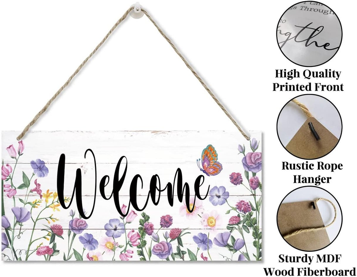 Welcome Decor Sign, Hanging Wood Sign Home Decorative, Printed Wood Wall Art Sign, Flower Welcome Sign, Yard Garden Welcome Sign, Porch Decor Sign, Farmhouse Front Door Decor Sign 12 * 6inch