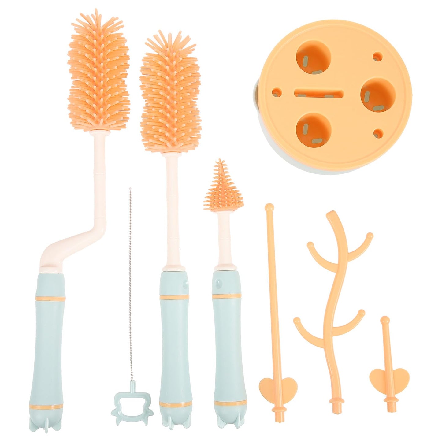 NAMOARLY Bottle Brush Set with Straw Cleaner and Pacifier Brush for Feeding, Blue Plastic Handle, Multi-Piece Household Bottle Cleaning Kit with Drying Stand for Travel and Daily Use