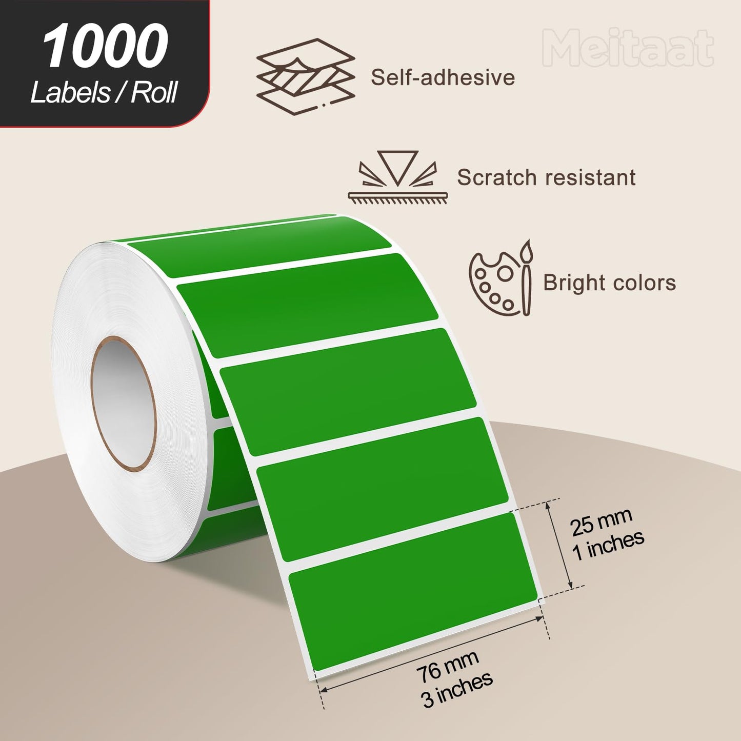 Meitaat 3 × 1 Inches Green Rectangle Color Coding Labels 1000 PCS, Self-Adhesive Writable Waterproof Vinyl Blank Sticker Roll for Office Home School Business