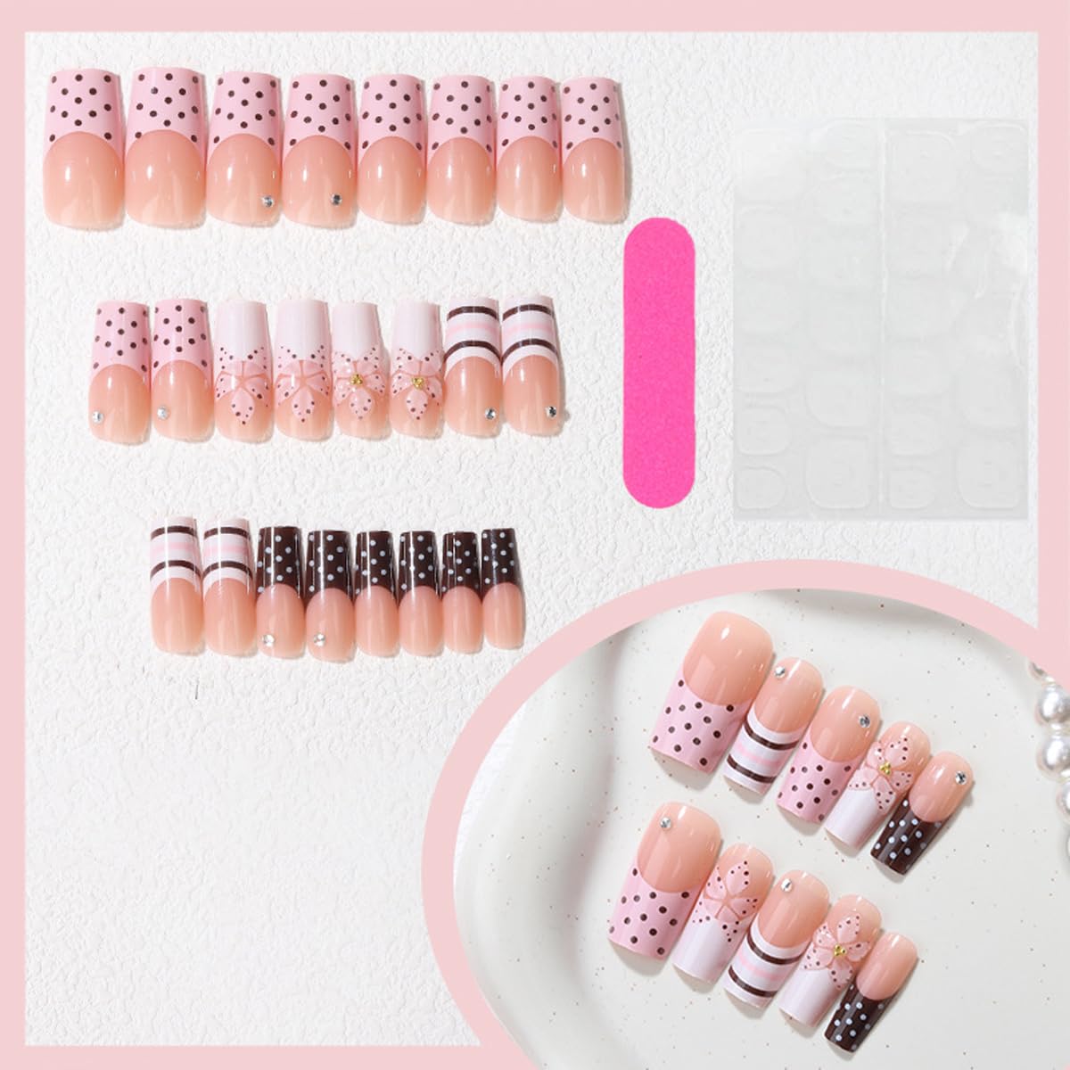 Polka Dot Press on Nails Long Square Fake Nails French Tip Nails Press ons with Flower Design Pink Brown Summer Glue on Nails Full Cover Glossy Stick on Nail for Women Manicure 24Pcs