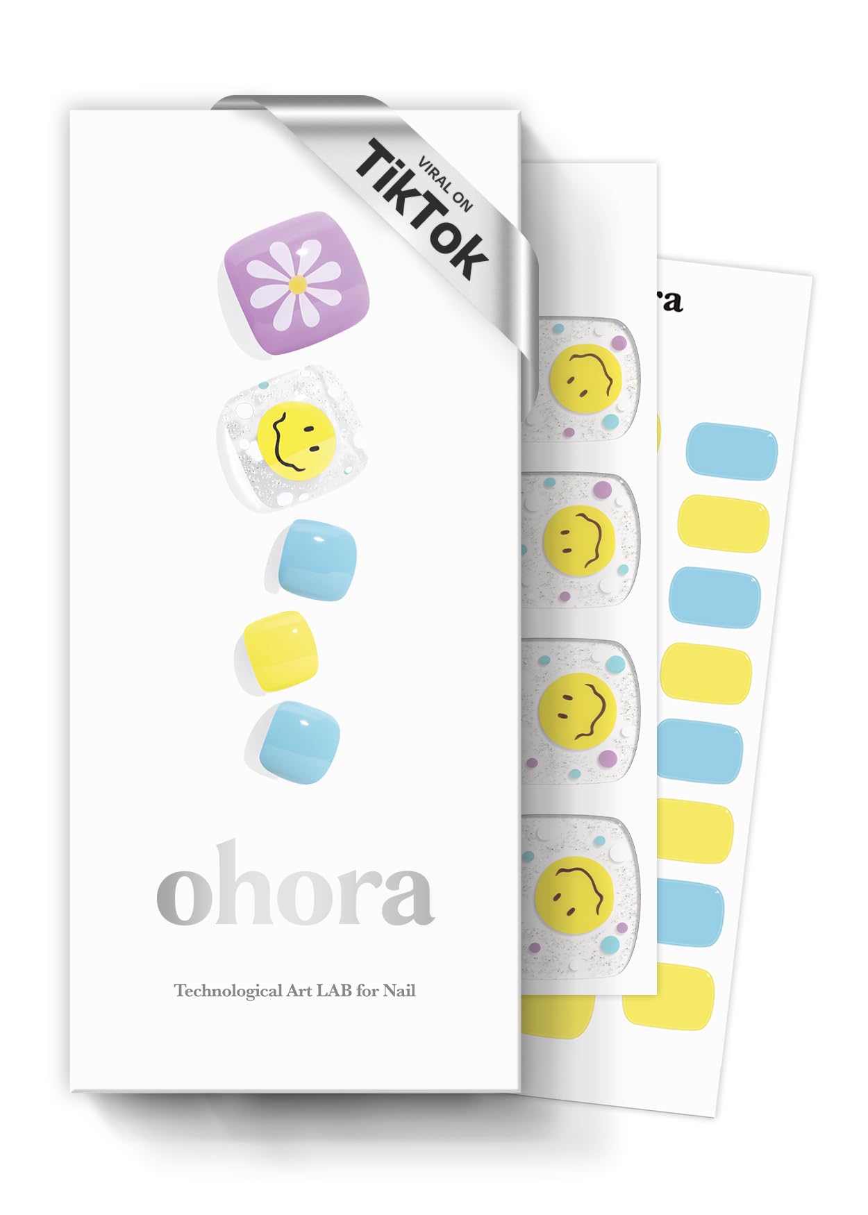 ohora Semi Cured Gel Pedi Strips (P Witty) - Purple/Blue/Yellow, Pattern, Works with UV/LED Lamps, Salon-Quality, Long Lasting, Easy to Apply & Remove - Includes 2 Prep Pads, Nail File & Wooden Stick