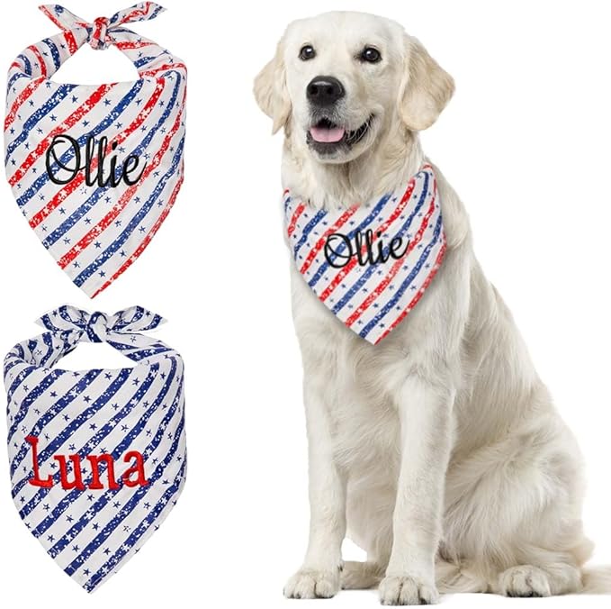 Personalized 4th of July Dog Bandana Embroidered Name Custom Dog Scarf