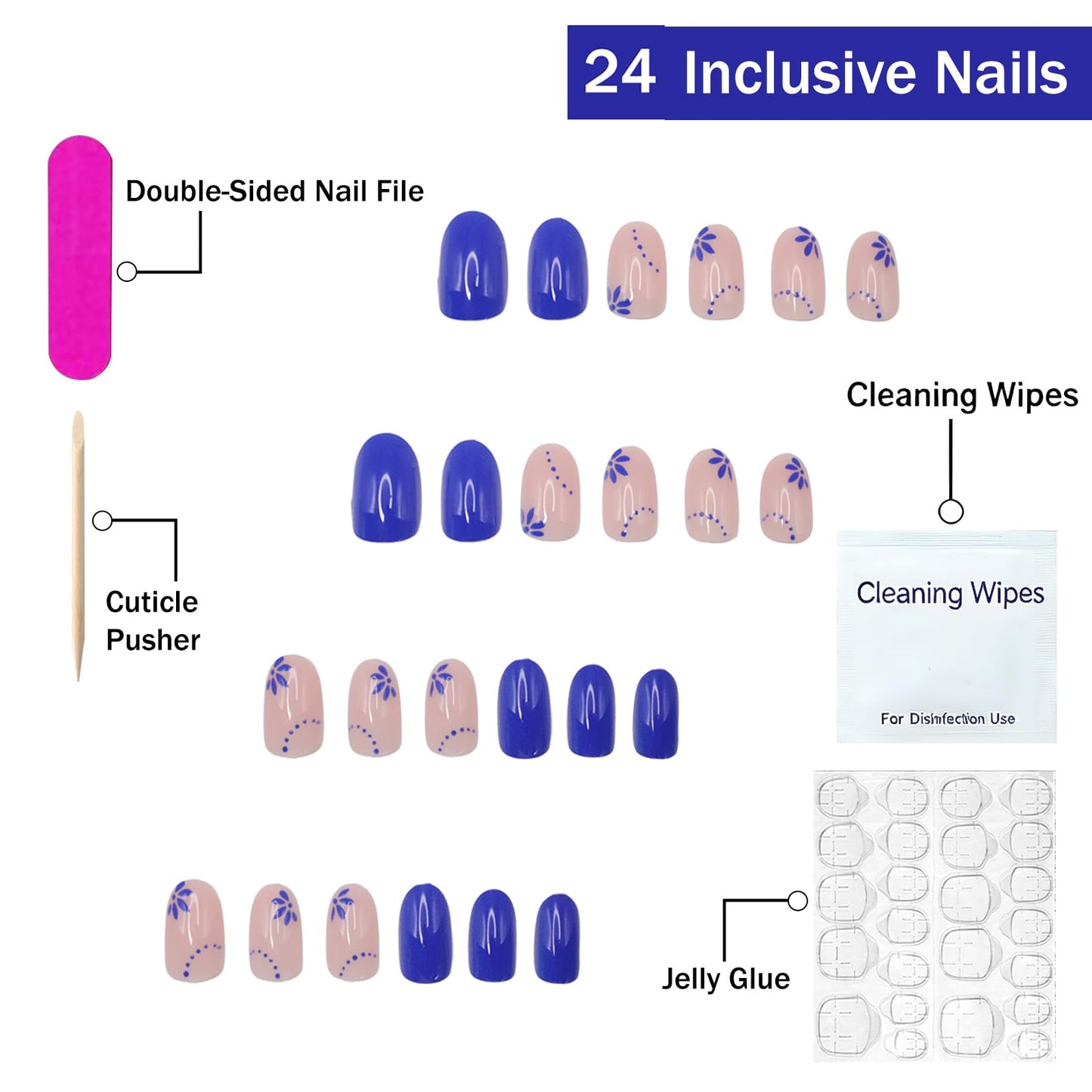 Short Almond Press on Nails SWEKKE Cobalt Blue Fake Nails False Nails with Designs Flower Full Cover Glossy Glossy Glue on Nails Stick on Nails Acrylic Nails for Women Girls 24 Pcs