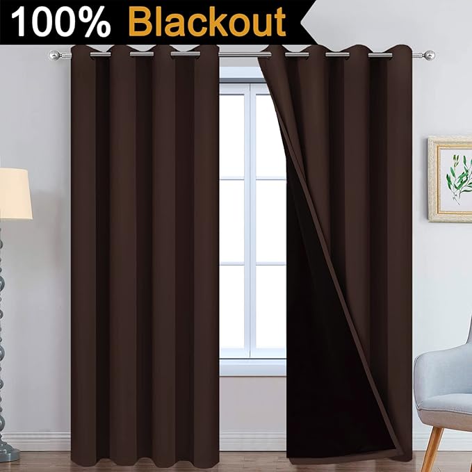 Yakamok Blackout Curtains 84 Inches Long,Blackout Curtain Panels for Bedroom, 2 Thick Layers Grommet Top Thermal Insulated Drapes with Black Liner for Living Room(52Wx84L, Chocolate Brown, 2 Panels)