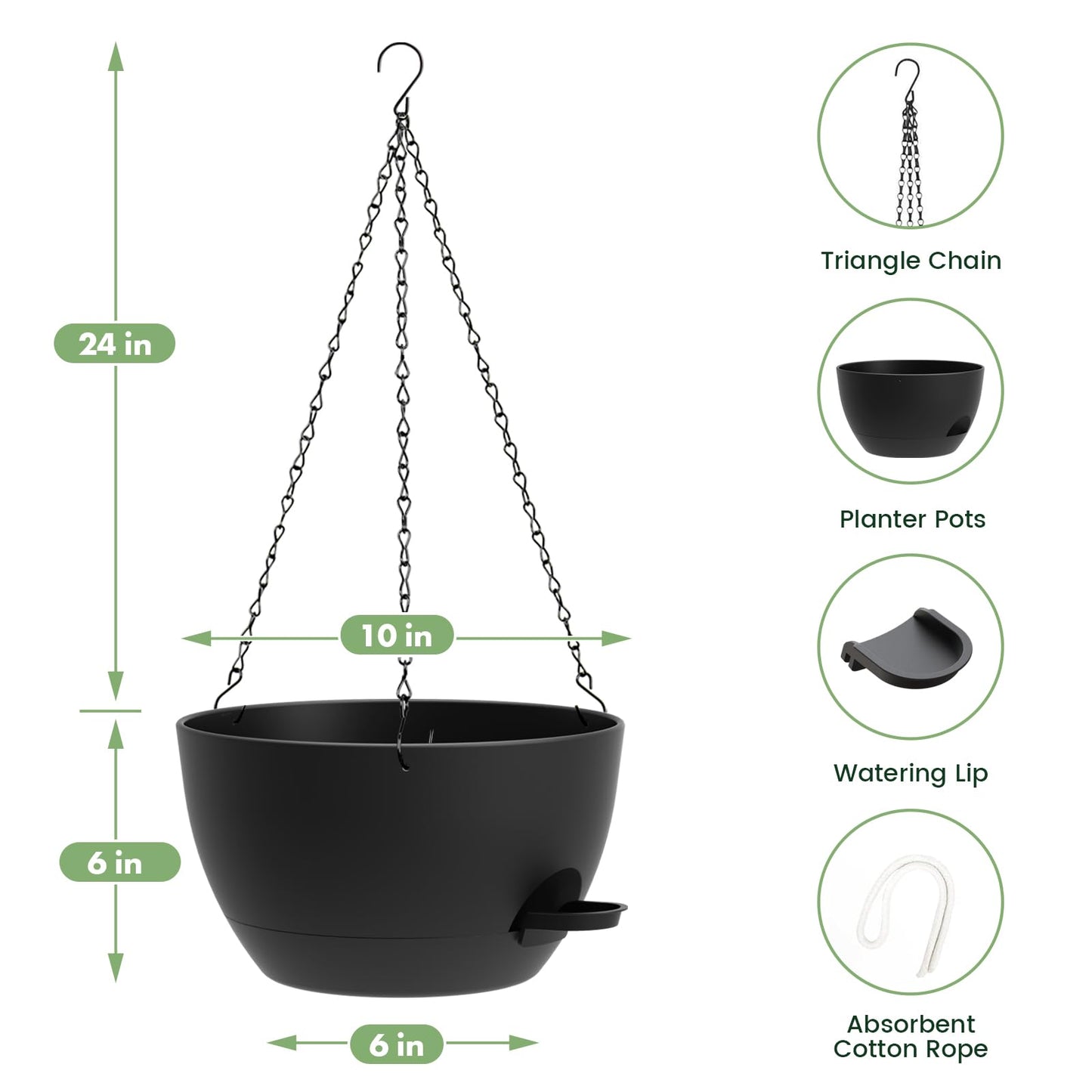 AHJZO 3 Pack 10 Hanging Flower Pots with Chains Self Watering Plastic Planters for Indoor Outdoor Plants, Sturdy Triangular Iron Chain Design for Garden PorchPlastic Hanging Flower pots (3, Black)