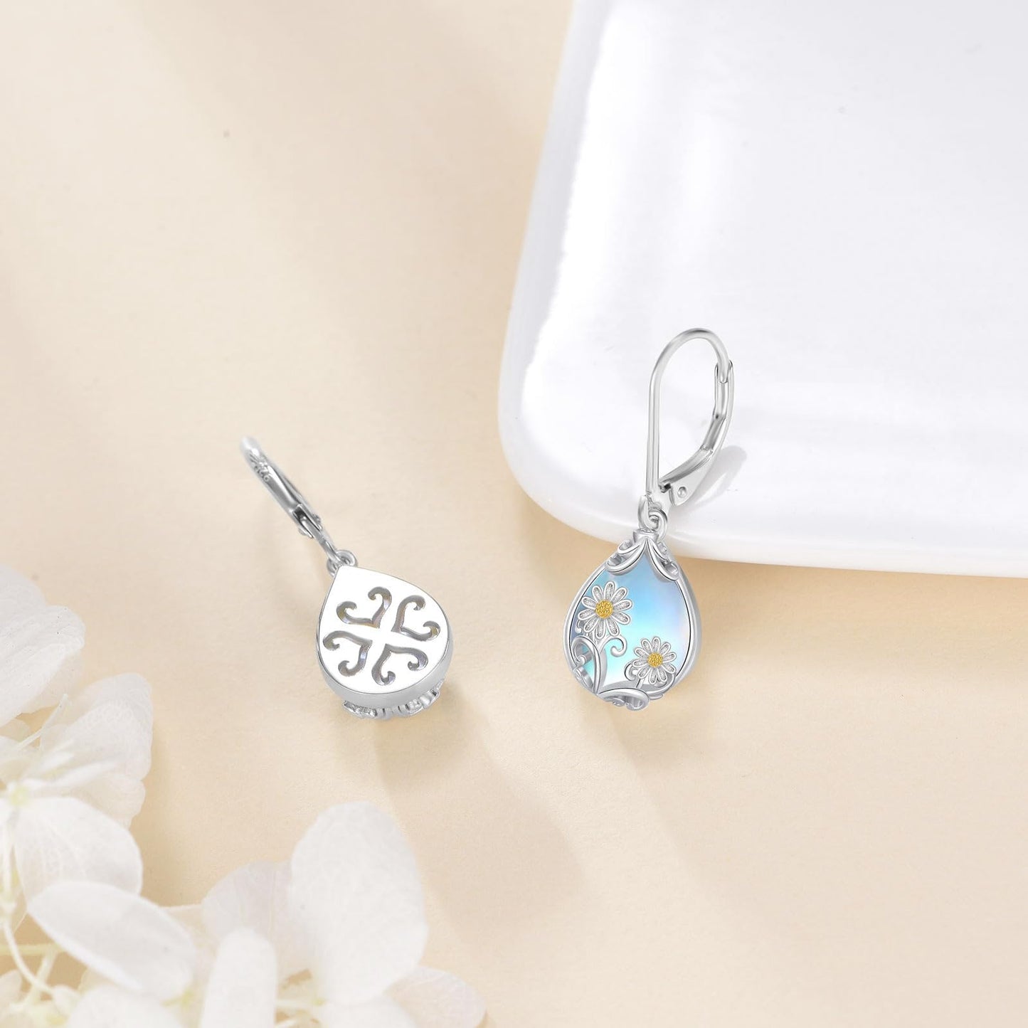 POPLYKE Moonstone Filigree Teardrop Drop Dangle Earrings Sterling Silver Daisy Leverback Earrings Moonstone Jewelry Gifts for Women