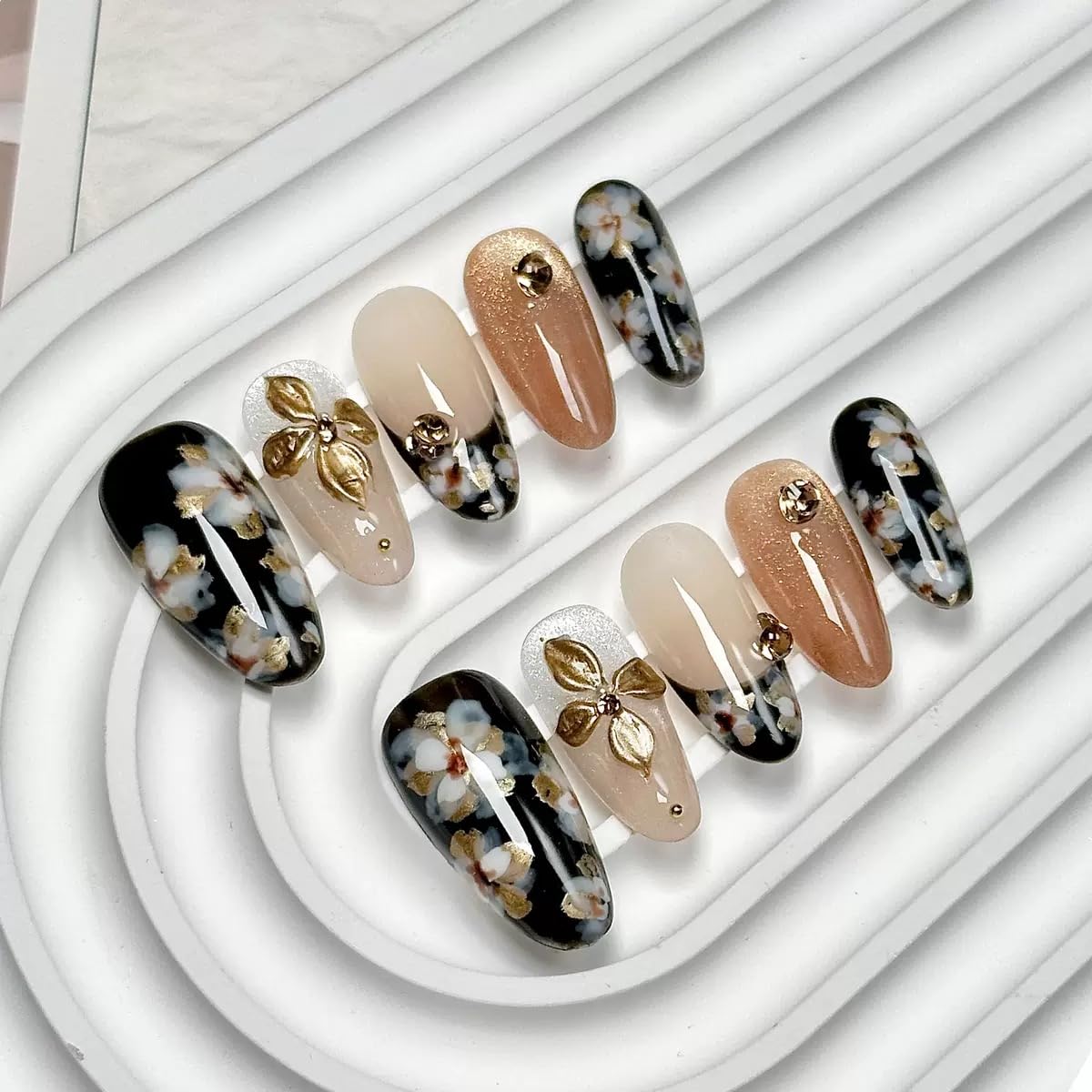 Medium Press on Almond Nails - Handmade Fake Nails with Flower Design - Black, Gold, Glossy False Nails for Women (Size L)