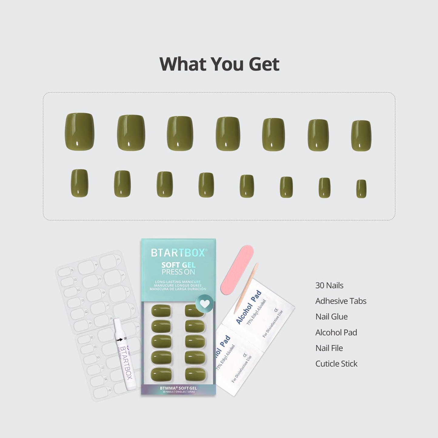 BTArtbox Press On Nails Short - Olive Green Squoval Press On Nails with Glue for Women, Opaque Soft Gel Glue On Nails in 15 Sizes - 30 Stick On Nails Kit, Moss Muse