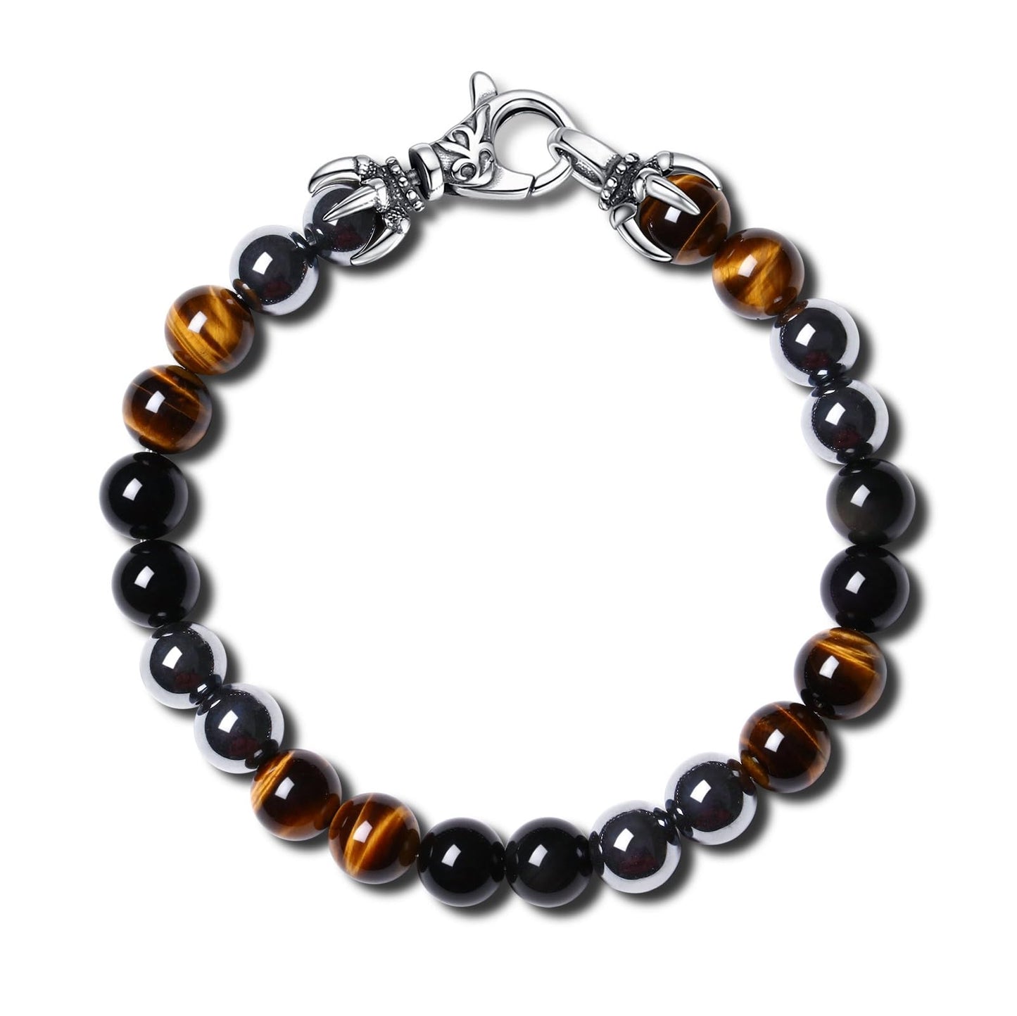 GAVU Triple Protection Bracelet, 8mm Hematite Tiger Eye Obsidian Crystal Bracelet for Men 8.9"