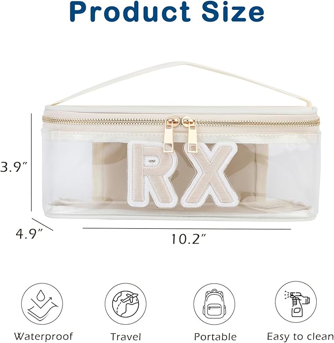 Clear PVC Letter Patch MEDS RX Makeup Bag with Metal Zipper,Large Capacity Nylon Transparent Medicine Bag with Top Handle,First Aid Travel Organizer Cosmetic Bag(03 Beige RX)