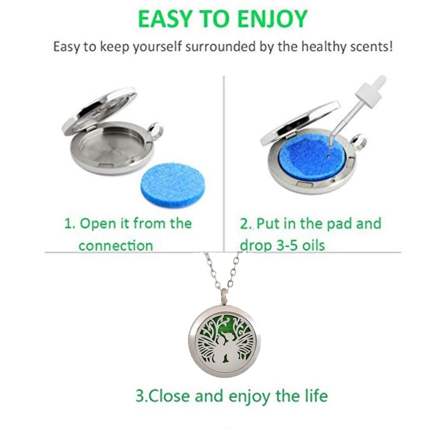 Aromatherapy Essential Oil Diffuser Stainless Steel 30MM Silver Magnetic Locket Pendant 2 Sizes Chain Necklace, Refill Pads & Diffuser Bracelet in a Velvet Bag (Double Fairy)